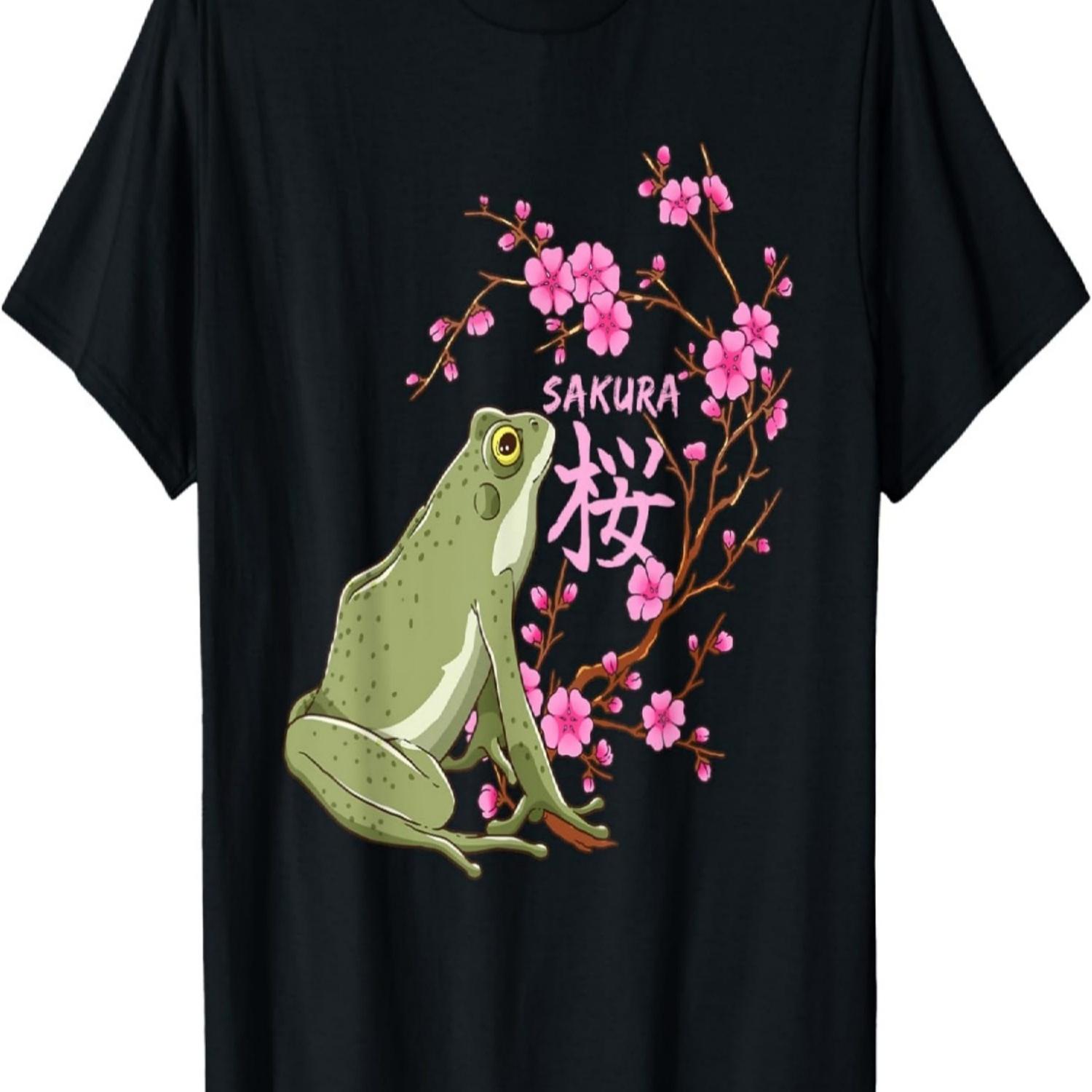 Frog Sakura Cherry Blossom Flower Trees T-Shirt(1) S чёрный