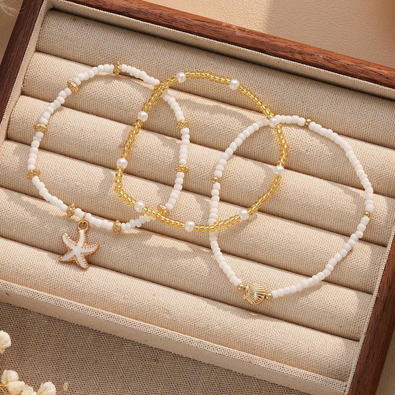 3pcs Cute Starfish Shell Rice Bead Multilayer Foot Chain Anklets for Women Boho Beach Zircon Summer Vacation Beach Accessories