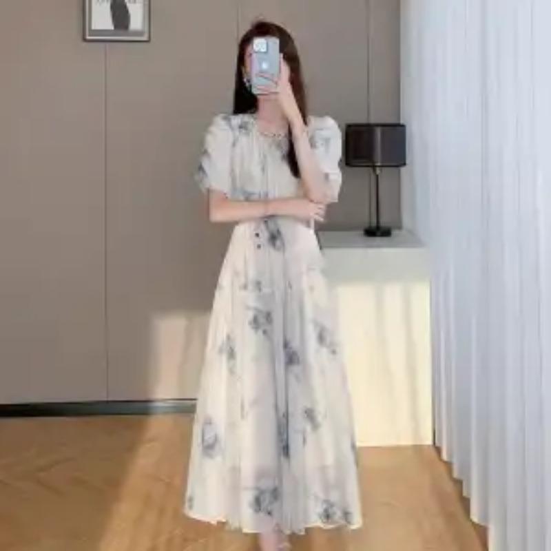 Damska Letnia Sukienka Maxi z Kwiatowym Wzorem, Okrągłym Dekoltem, Bufiastymi Rękawami, Wysokim Stanem, Elegancka, Codzienna