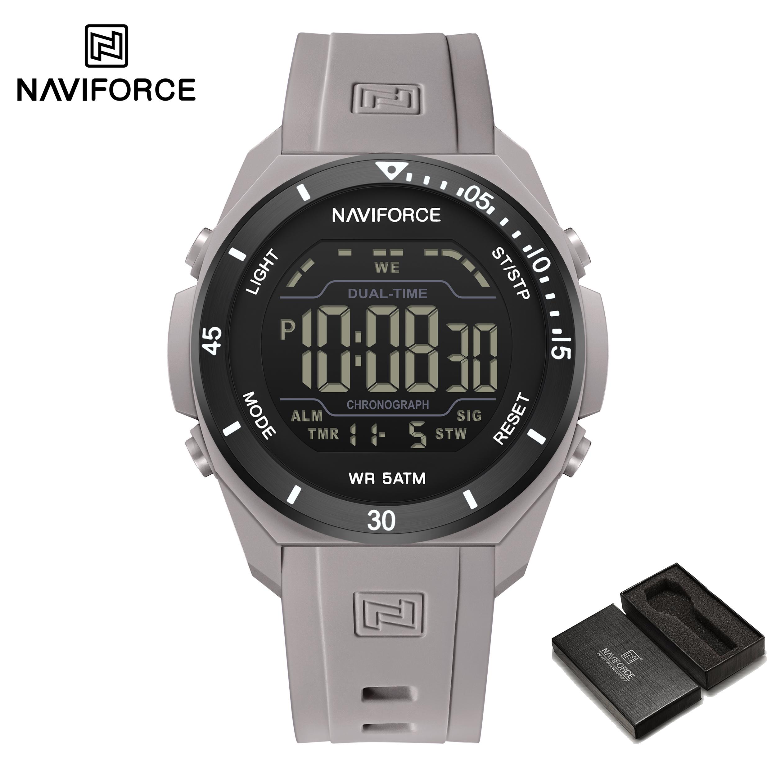 

Оригинальные цифровые часы NAVIFORCE для мужчин, ЖК-дисплей, календарь, дата, хронограф, будильник, ночной режим, силиконовый ремешок, водонепроницаемые, часы для мальчиков NF7138 серый/чёрный