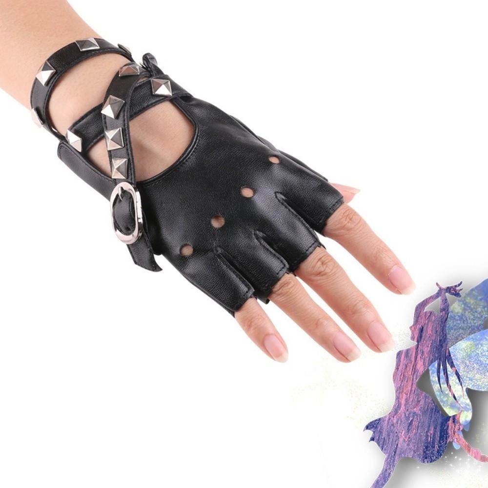 Anti-Slip Half Finger Gloves Cool Fingerless Mittens Unisex Rivets Belt Wrist Gloves  Hip-Hop