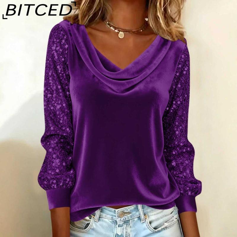BITCED Fashion Women's Velvet Sequined Patchwork Long-Sleeved T-Shirt Top