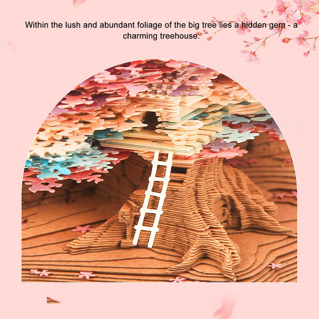 3D Memo Pad with Light Cute Sakura Tree House Decor 3D Paper Carving Art Notepad for Office Home Reading Room