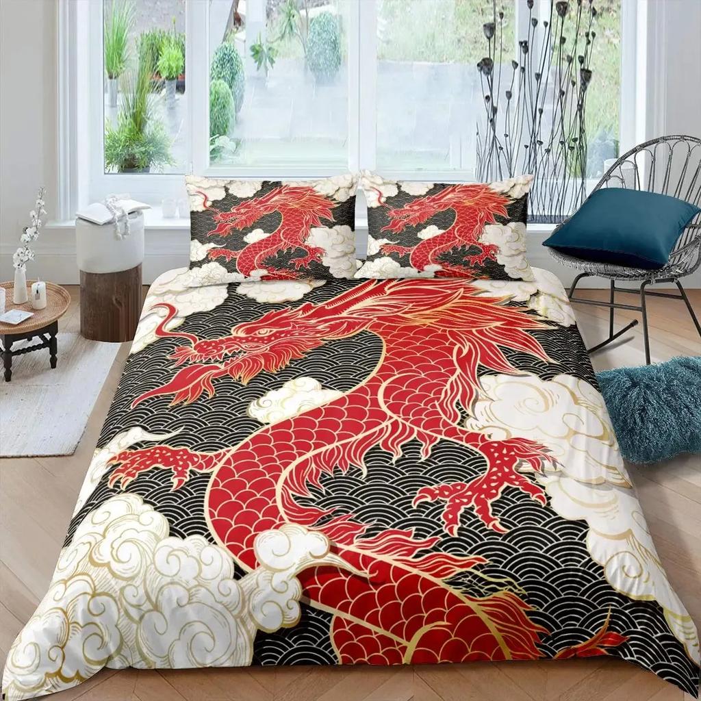Ice Fire Dragon Duvet Cover Set for Boys Oriental Beast Bedding Set Eastern Auspicious Animals Fairy Tale Comforter Cover