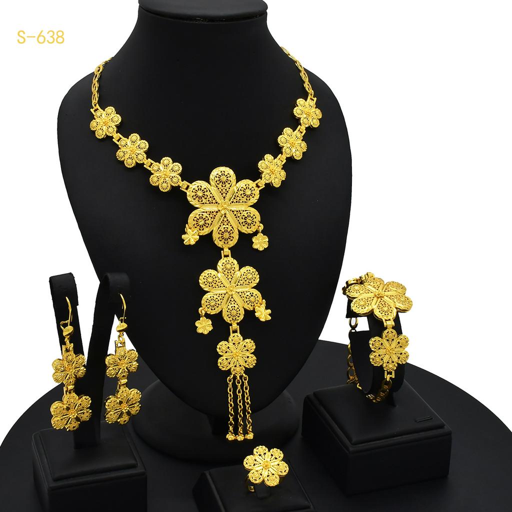24K Gold Plated Arab Women's Bridal Necklace Earrings Ring Bracelet Jewelry Indian Women's Jewelry Set
