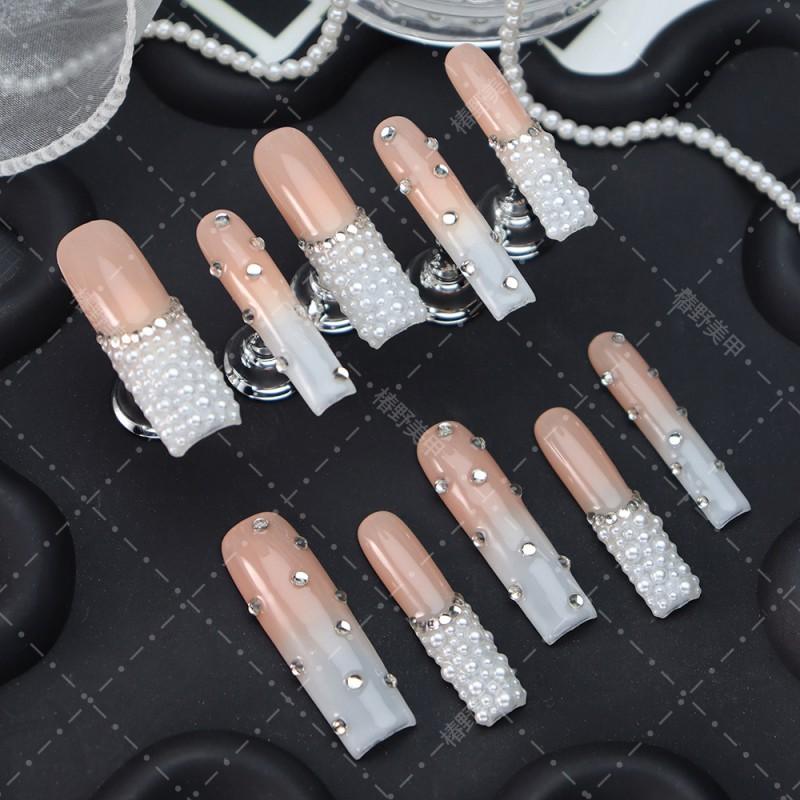 Premium Press-On Nails With Pearl Rhinestone Accents Gradient White Nude A2197 Long Style Handcrafted Acrylic Bridal