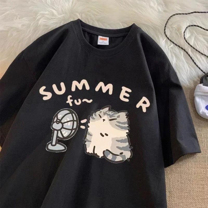 Koreanisches minimalistisches Cartoon-T-Shirt mit süßem Katzenaufdruck für den Sommer, lässig mit Rundhalsausschnitt und kurzen Ärmeln, kreative Mode, Damenbekleidung