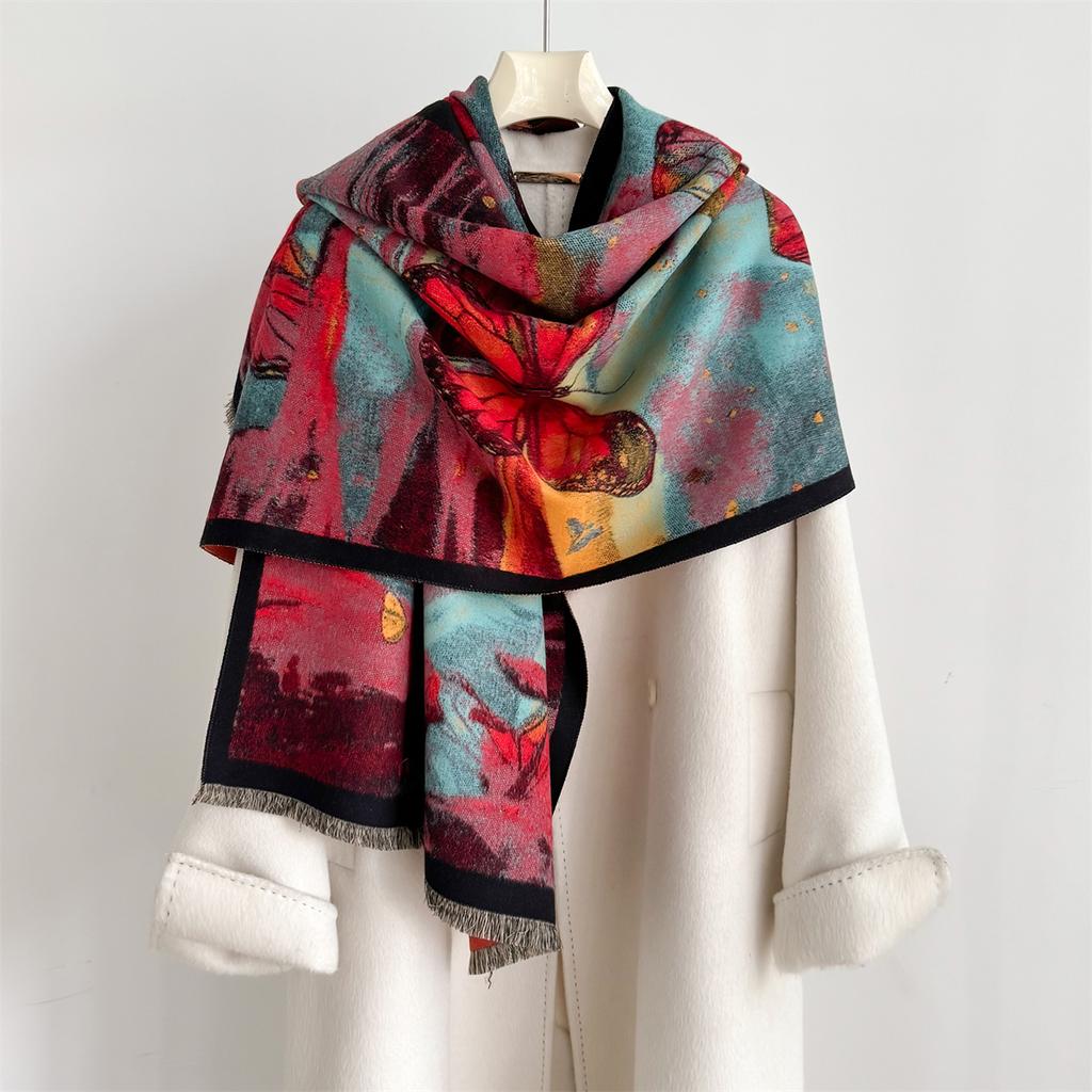 Winter Thickened Warm Scarf For Women Tassel Pashmina Shawl Butterfly Print Imitation Cashmere Warps Autumn Coldproof Blanket