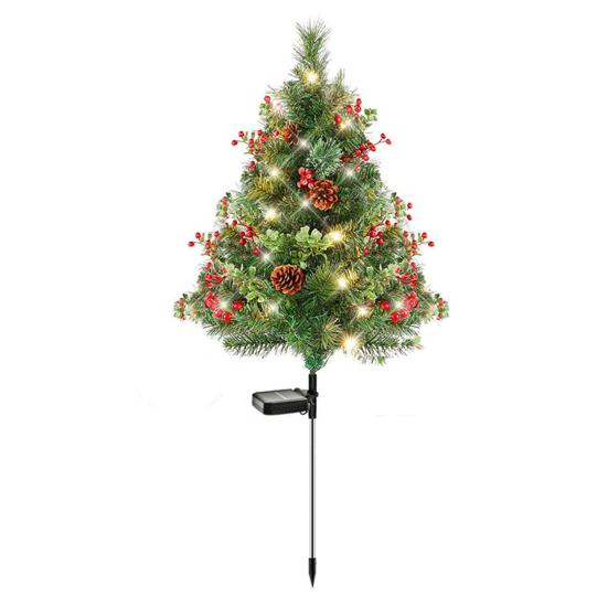 23 Inch Lighted Artificial Christmas Urn Filler Pre-lit Xmas Pine Tree with Cones Red Berries Tripod Stake And LED Light Outdoor Porch Planter Filler