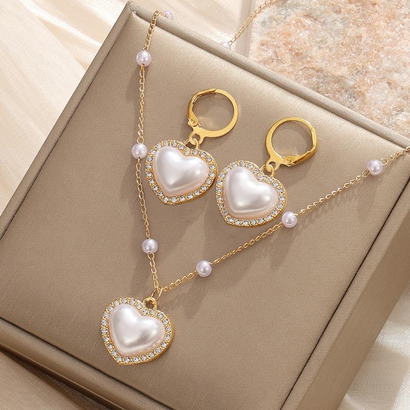Simple Retro Elegant Exquisite Pearl Diamond Double Beaded Personalized French Collarbone Necklace Stud Earrings Set