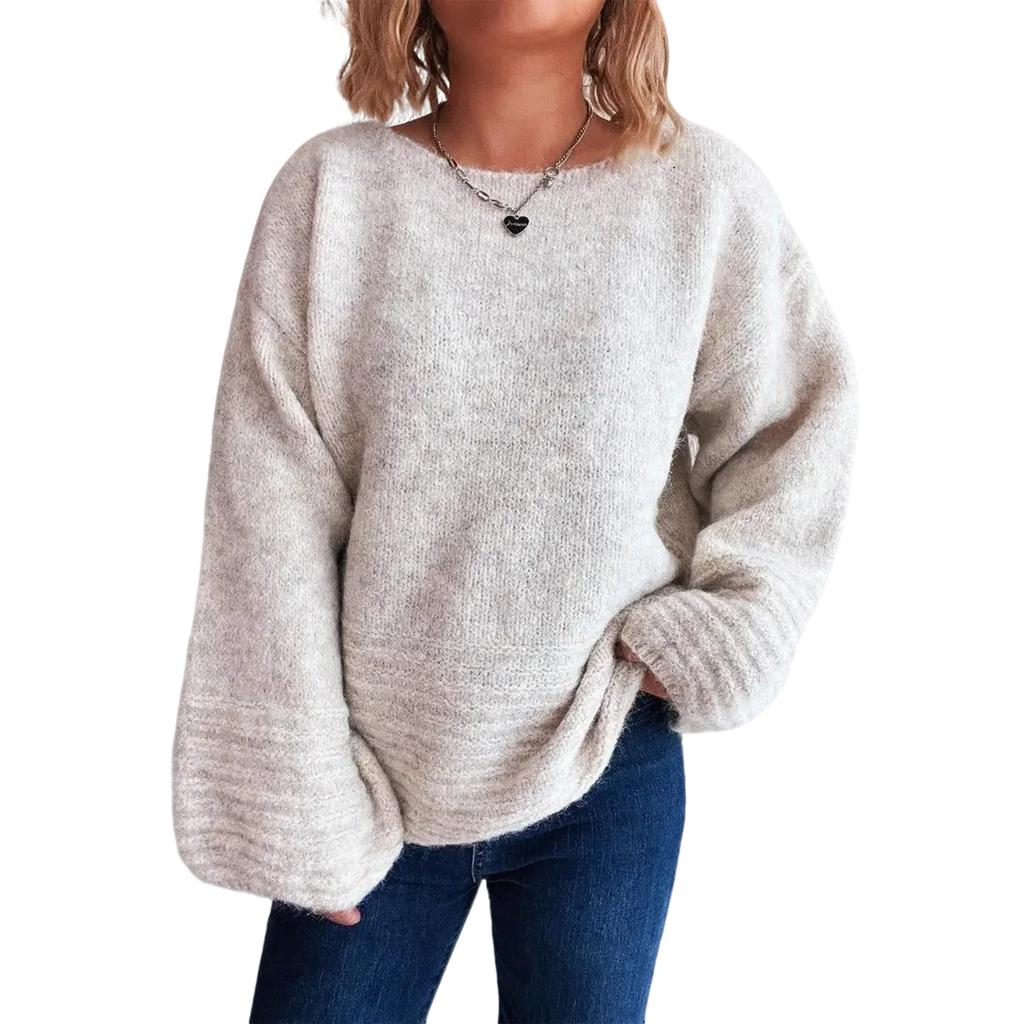 Dámský jednobarevný ležérní volný pletený svetr s kulatým výstřihem a dlouhým rukávem