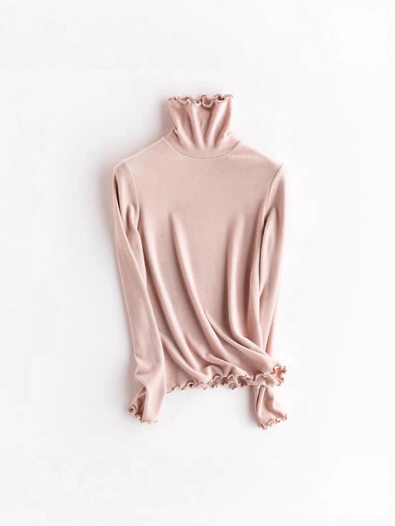 Double-Sided Velvet Frilled High-Collar Long Sleeve Women's T-Shirt - Autumn/Winter Fashion, High Elastic, Versatile.