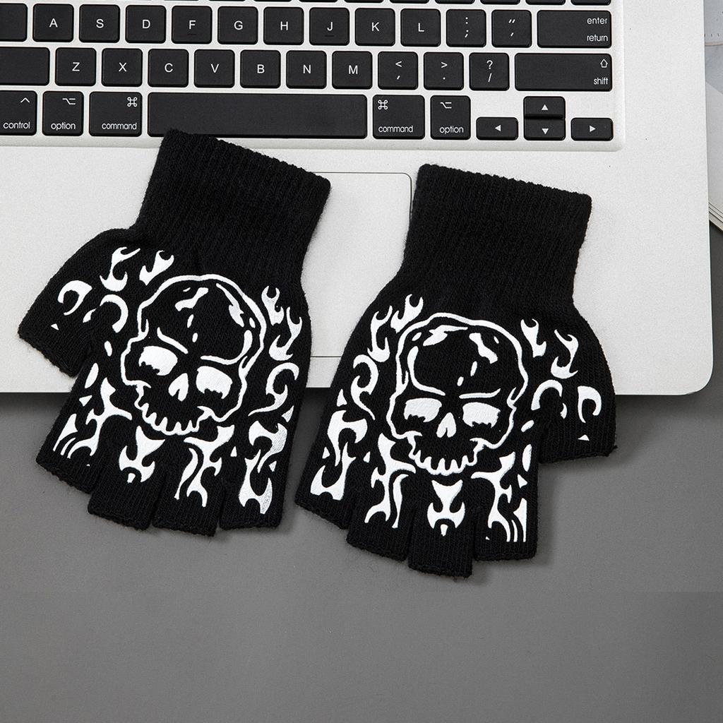 Boys' Halloween decorative warm gloves Fall and Winter split fingers open-fingered knit gloves Fashion skull hand pattern gloves