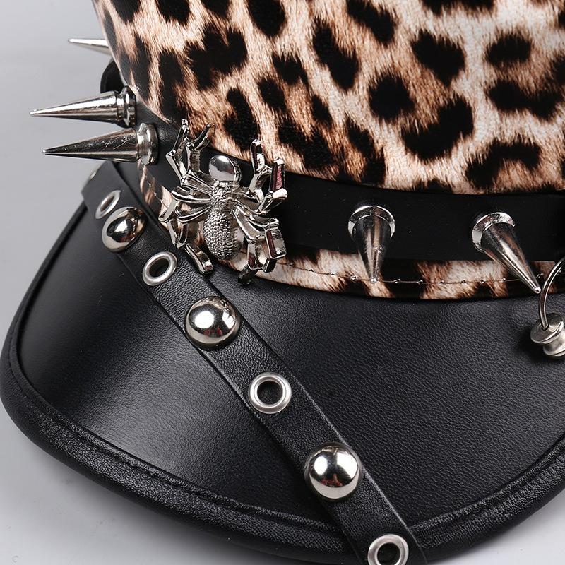 Punk Stil Flache Kappe Herren und Damen Persönlichkeit Leder Lange Nieten Leopardenmuster Silberne Kappe