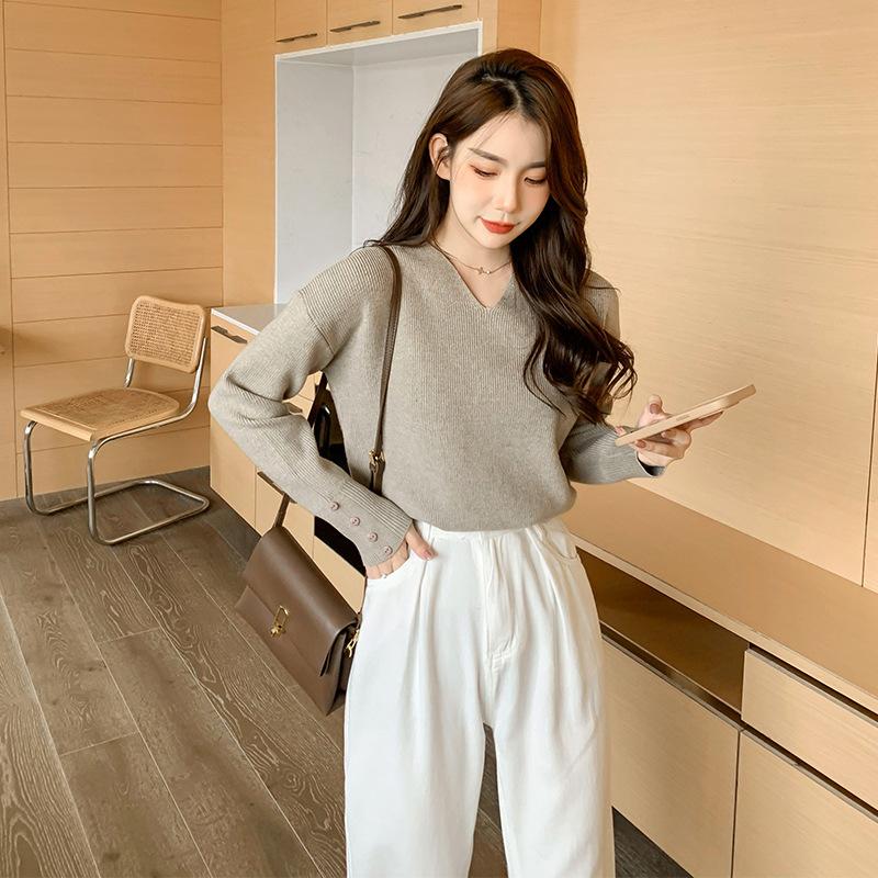 Svetr s výstřihem do V jednobarevný pro ženy s dlouhým rukávem s volnou pleteninou uvnitř pulovr ležérní tenký podzimní a zimní svetr