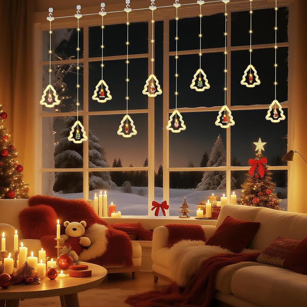 Christmas Tree Curtain Lights, Christmas Window Lights Decor with Remote,8 Lighting Modes, IP65 Waterproof, 10 Hooks Christmas Decorations Indoor