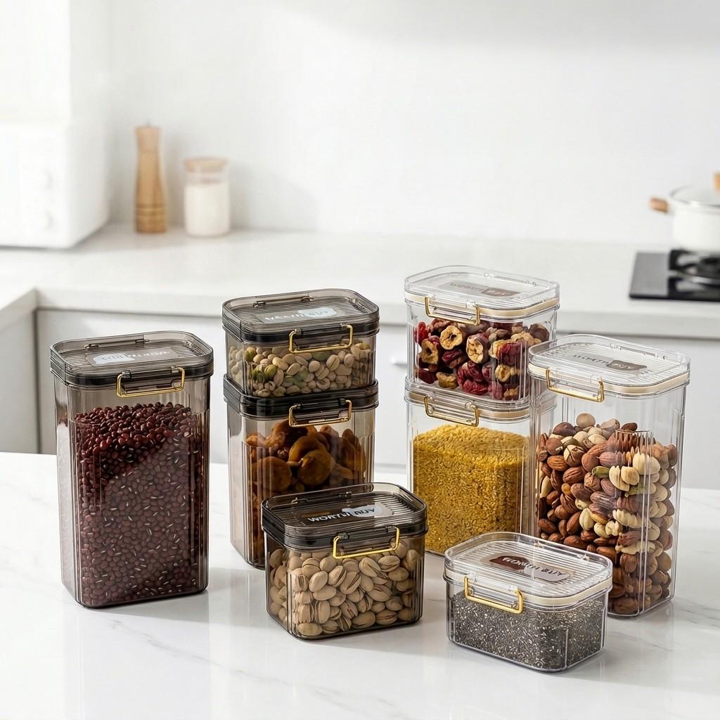 Airtight Food Storage Containers Fridge Stackable Clear PET Plastic Kitchen Jars Leakproof Pantry Organizer Cereal Pasta Coffee