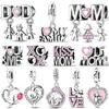 925 Silver Charms Bead CZ Zircon Love Mom Pink Heart Dangle Fit DIY Bracelet Women Mother's Day Jewelry Gift