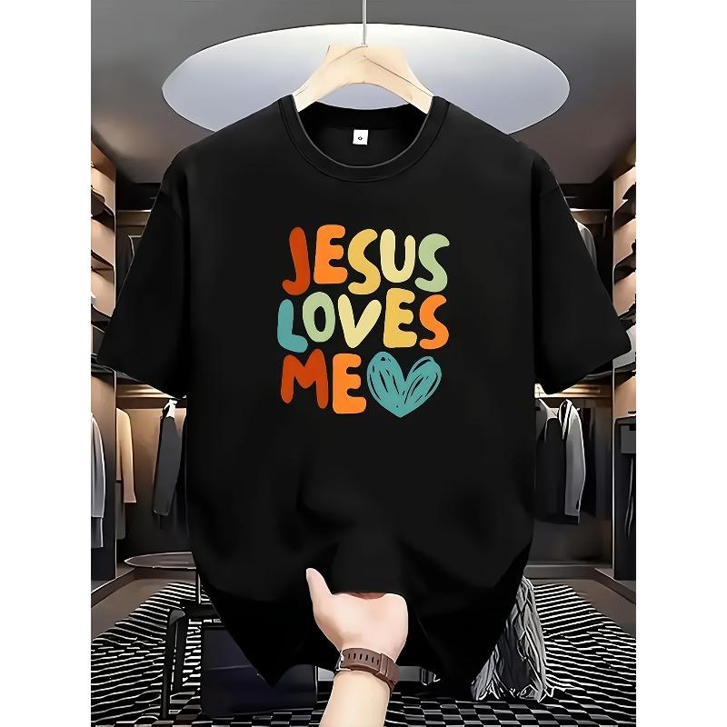 

White Short-Sleeved T-Shirt Displayed in a Fashion Cloakroom Scene: Decorated with a Colorful LOVES ME Text And Heart Pattern Combination Print 4XL чорний