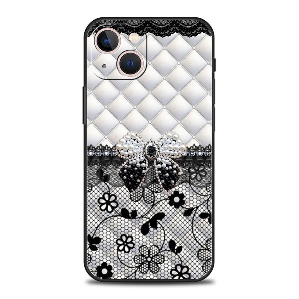 Phone Case Cover for iPhone 17 16 15 14 13 12 Pro Max 11 Pro Max 17AIR Plus Shockproof Soft TPU Black Bowknot Faux Pearl Painted