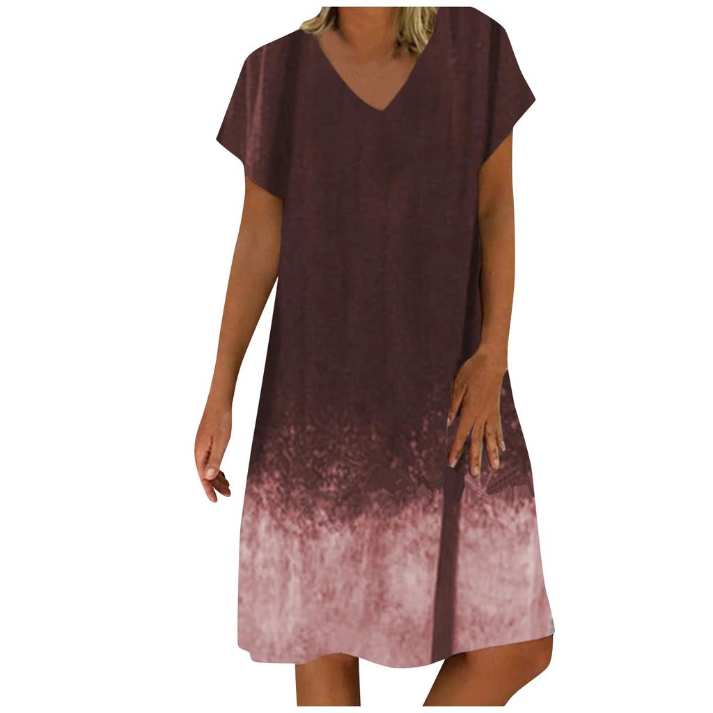 Damenmode Neues Sommerkleid mit zweifarbigem Farbverlauf, kurzen Ärmeln und V-Ausschnitt, lockeres Freizeitkleid