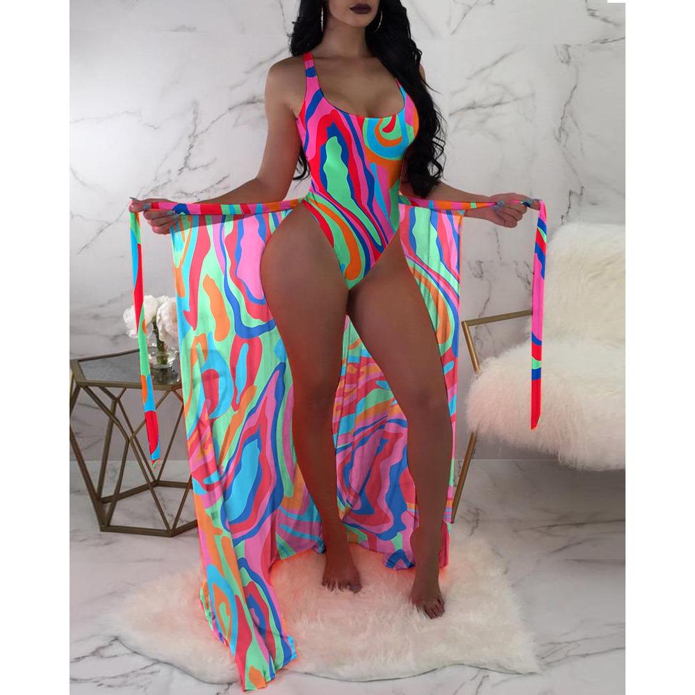 European and American Swimsuit Women's Three-piece Mesh Blouse Contrasting Color Printing Bikini
