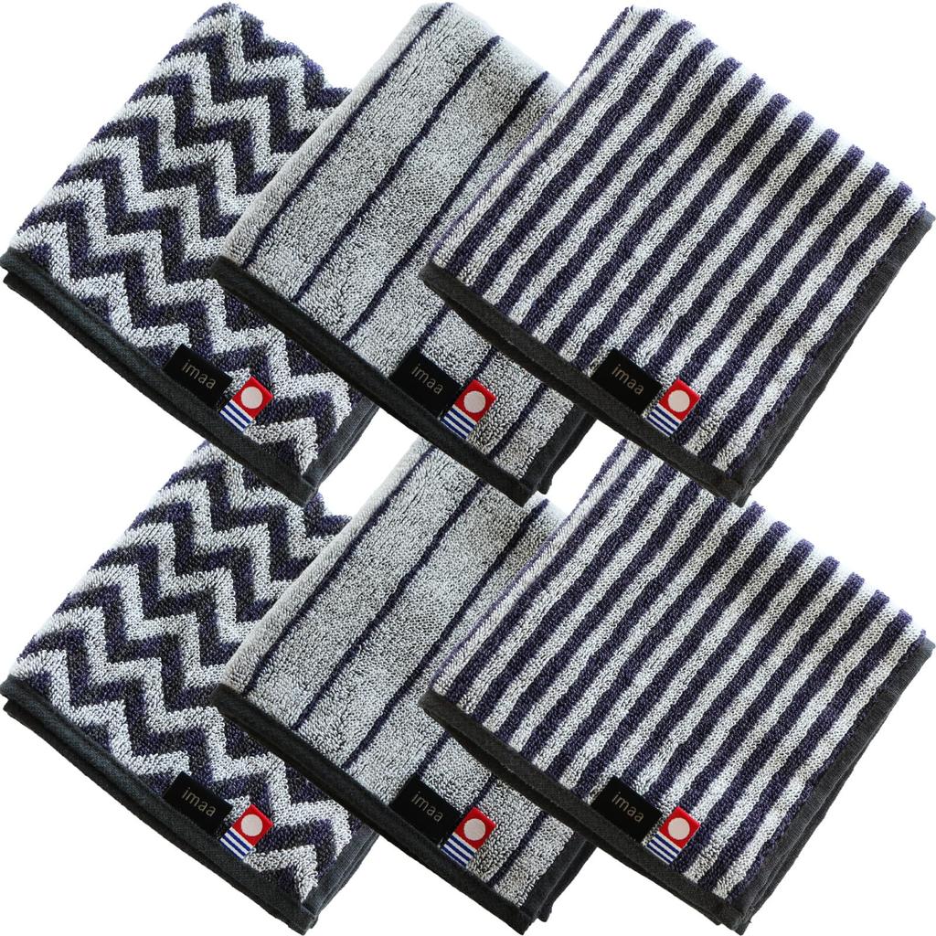 Imaa Imabari Towel Certified Hand Towel/Handkerchief, 25cm, Made In Japan, Cotton and Polyester, Vacuum-Compressed Pack, CM-Navy Assortment, 6 Count