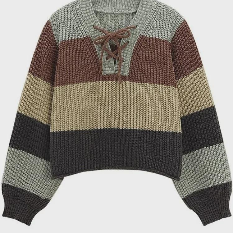 2024 Spring Women's Striped Warm Knit Sweater - Long Sleeve, Loose Fit, Versatile Short Top