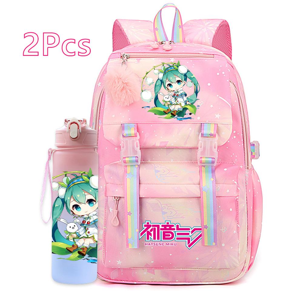 2 st/set Söt Hatsune Miku-tryckt Ryggsäck med 750 ml Vattenflaska för Tonårsflicka Pojke Skolväska Stor Kapacitet Vattentät Resväska Gåva