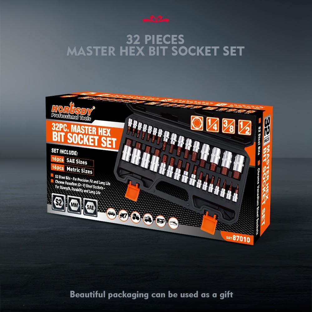 HORUSDY Allen Socket Set | 32pcs Hex Bit Socket Set | S2 Steel Socket | SAE And Metric | 1/4", 3/8", & 1/2" Drives