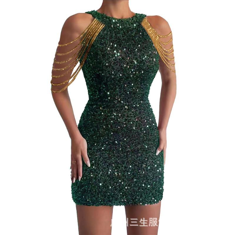 Spring and Summer Women's Dress Fashion Hanging Neck Sexy Crystal Tassel Hip Sequins Dress Midi Evening Gowns