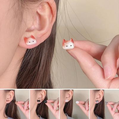 1 Pair Women Stud Earrings Imitation Crystal Gradient Color Cartoon Cat Design Ear Studs Jewelry