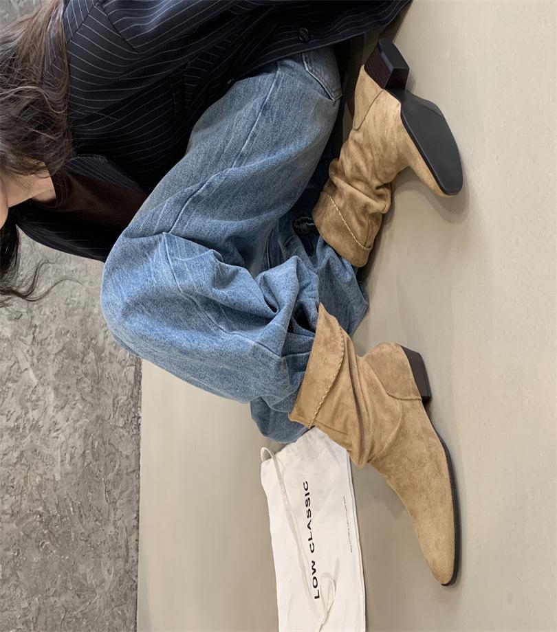 

French retro pile boots western cowboy boots thick heel women s boots 2025 autumn and winter khaki suede short boots thin boots 39 хаки