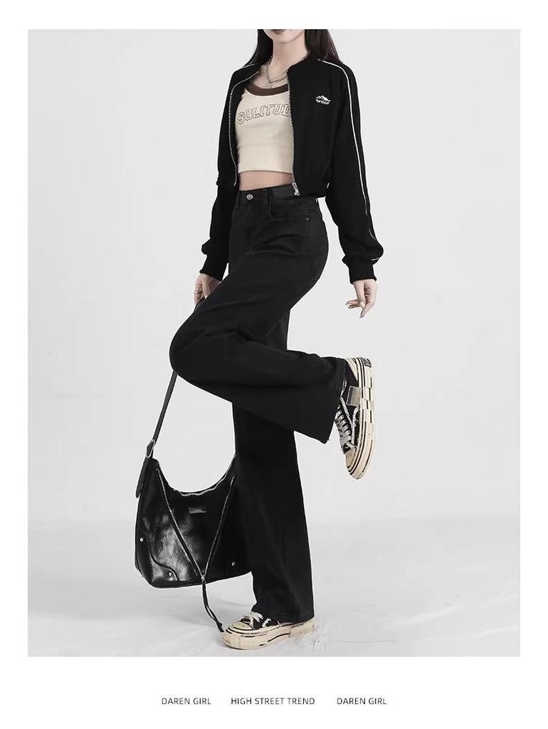 Women's High-Waisted Straight-Leg Black Jeans with Plus Velvet - Slimming & Wide-Leg, Petite Fit, Spring/Autumn 2025.