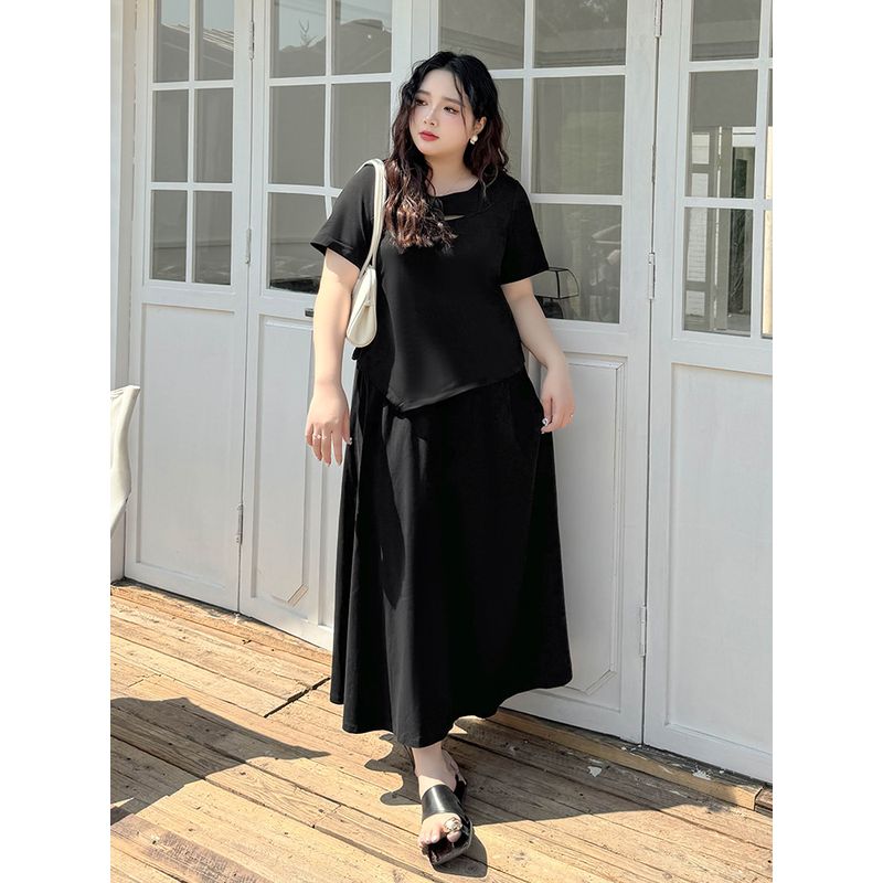 Plus size women clothing [Sports Lazy Set] Summer round Neck Hollow Short sleeve Slimming Irregular Top Skirt