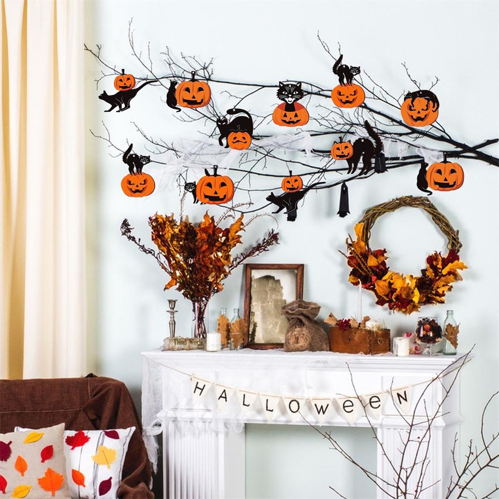 Wooden Halloween Decorations Hanging Pumpkin Black Cat Ornaments Set for Wall Party Decor Spooky Festival Home Accessories
