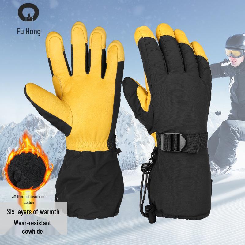 Insulated Cotton Cowhide Ski Gloves: Non-slip, Touchscreen, Long Winter Five-Finger Warmth