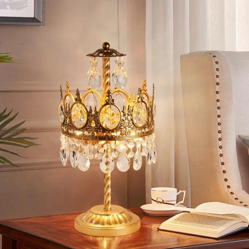 French Crown Brass Mid-Ancient European Table Lamp Retro Creative Crystal Bedroom Bedside Lamp