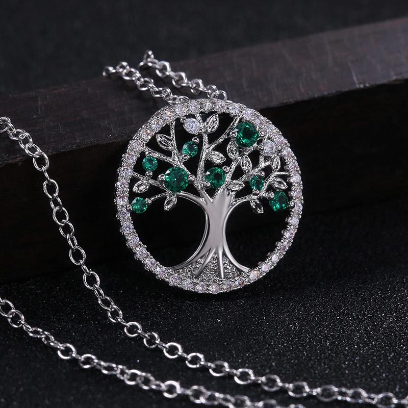 Silver Plated Tree of Life CZ Pendant Necklace, Colorful Crystal Halo Cable Chain Necklace for Women