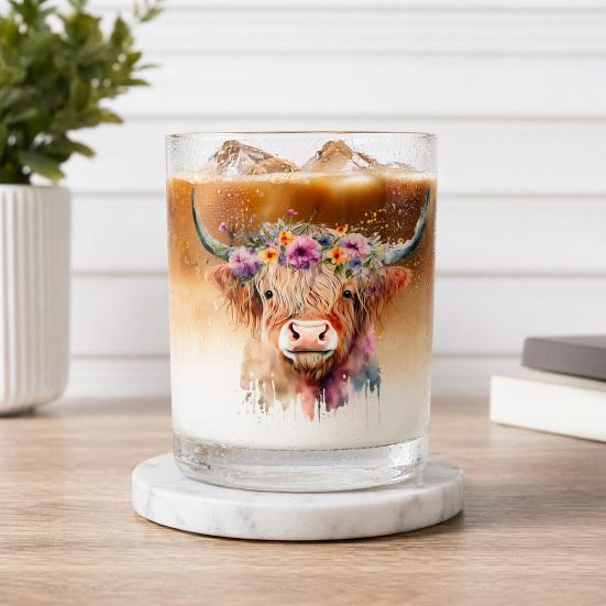 Bicchiere in Vetro Mucca delle Highlands, Bicchiere Termico Acquerello Floreale Dipinto a Mano, Tazza Trasparente per Latte Caffè Whiskey, Regalo per Amanti degli Animali