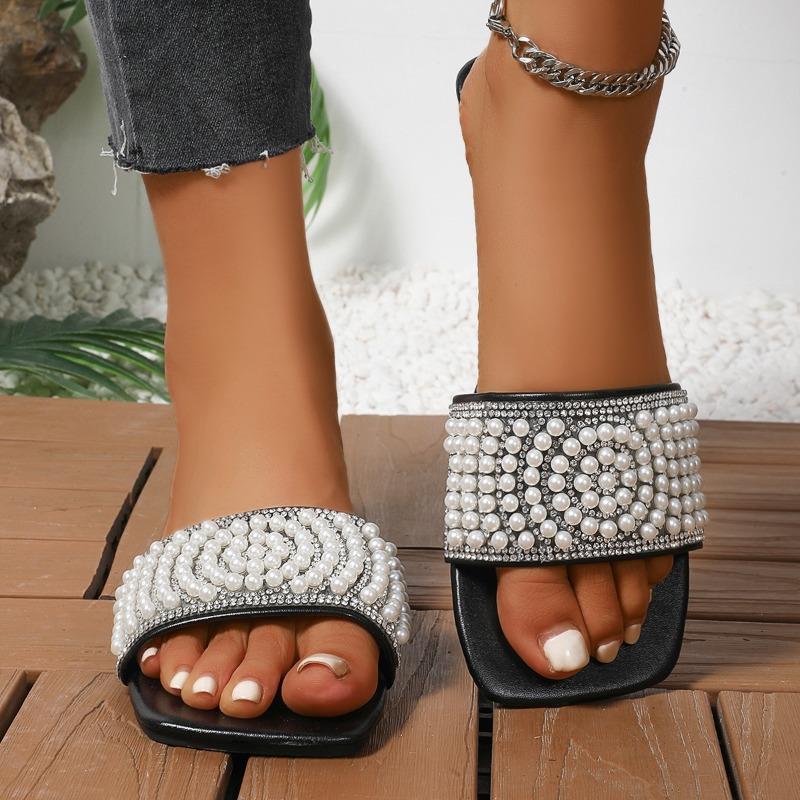 Women's Wide Width Beaded Slides - Square Toe Crystal Embellished Flat Sandals, Lightweight Beach Thongs