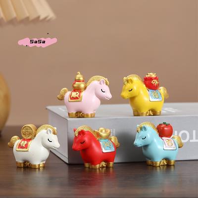 S-1Pc Cute Resin Horse Figurine Chinese Style Desktop Ornament New Year Mascot Miniature Red Good Luck Zodiac Ornaments Cabinet