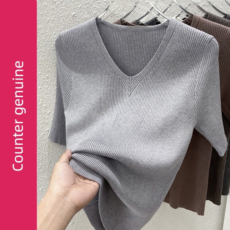 Plus Size Women Clothing Western Style V-neck Short Sleeve T-shirt Women's Summer New Loose Slimming Solid Ice Silk Knitting Top Thin
