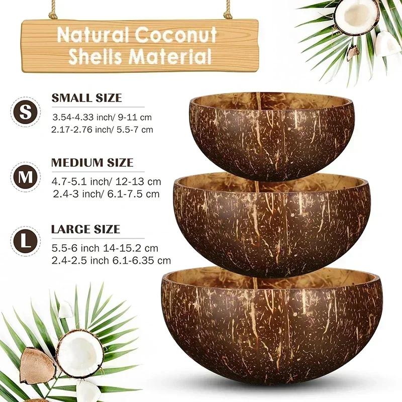 3 Sizes Natural Coconut Shell Bowl Coconut Bowl Wooden Bowls Light Food Container Fruit Salad Milkshake Dessert Bowl