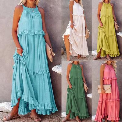 Damen Boho Maxikleid mit Rüschen, ärmellos, für Party, Urlaub, Strand, Sommerkleid
