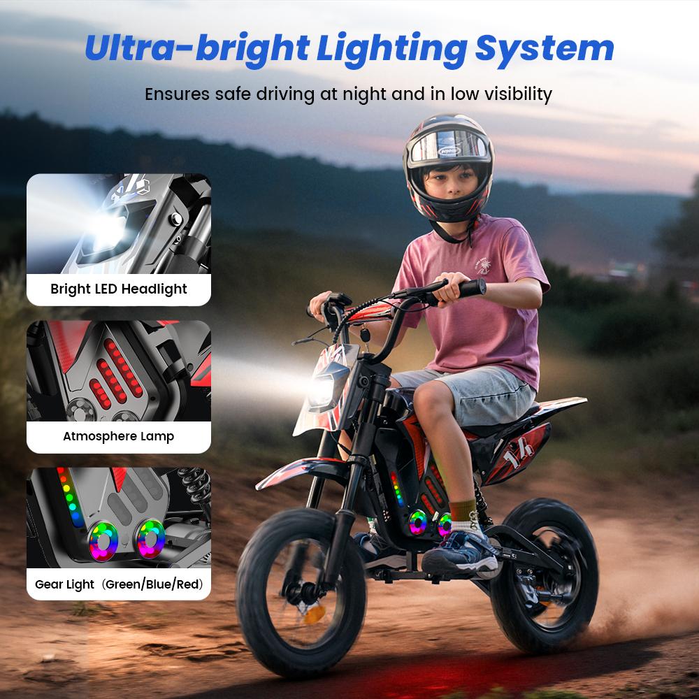 A14 Dětská ELEKTRICKÁ DIRT BIKE 14 palců 500W Motor 36V5.2Ah Baterie Dojezd 20-22 km Tlumení nárazů, Bluetooth LED světla