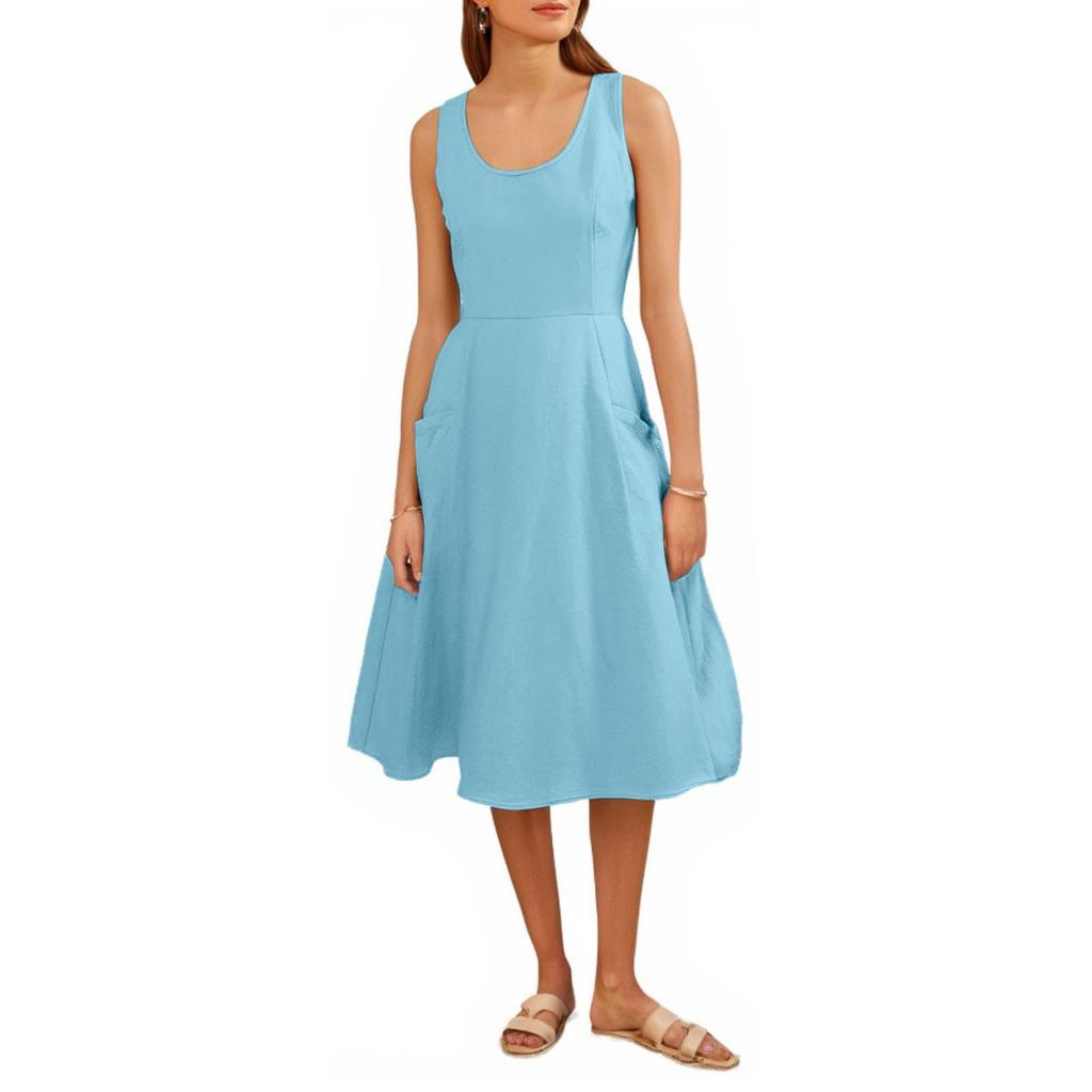 Women's Casual Colour Round Neck Sleeveless Cotton Pocket Dresses