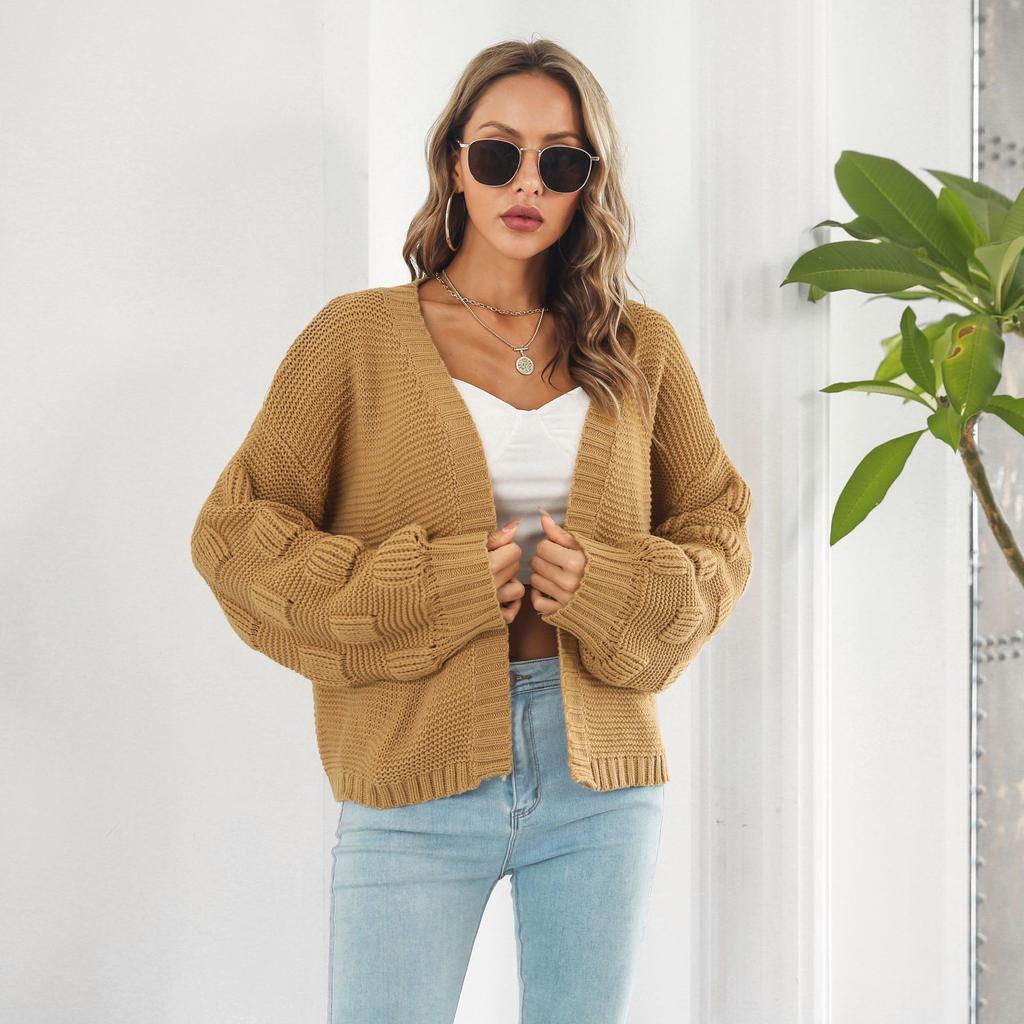 Bubble Lantern Sleeve Loose Knit Sweater Cardigan Coat Autumn and Winter Women's Sweater