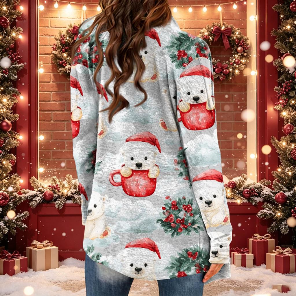 Women's Casual Christmas Print Mid-Length Open Front Cardigan Sweater for Holiday Wear
