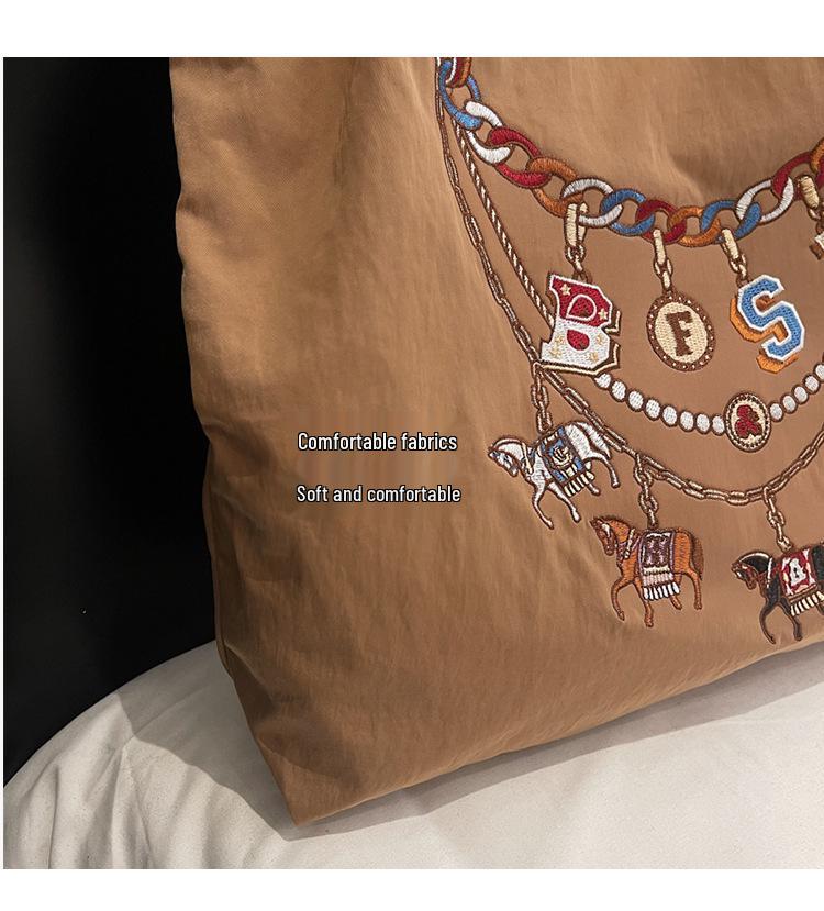 2026 Spring Japanese Style Eco-friendly Nylon Embroidered Tote - Large Capacity Casual Single Shoulder Bag for Women